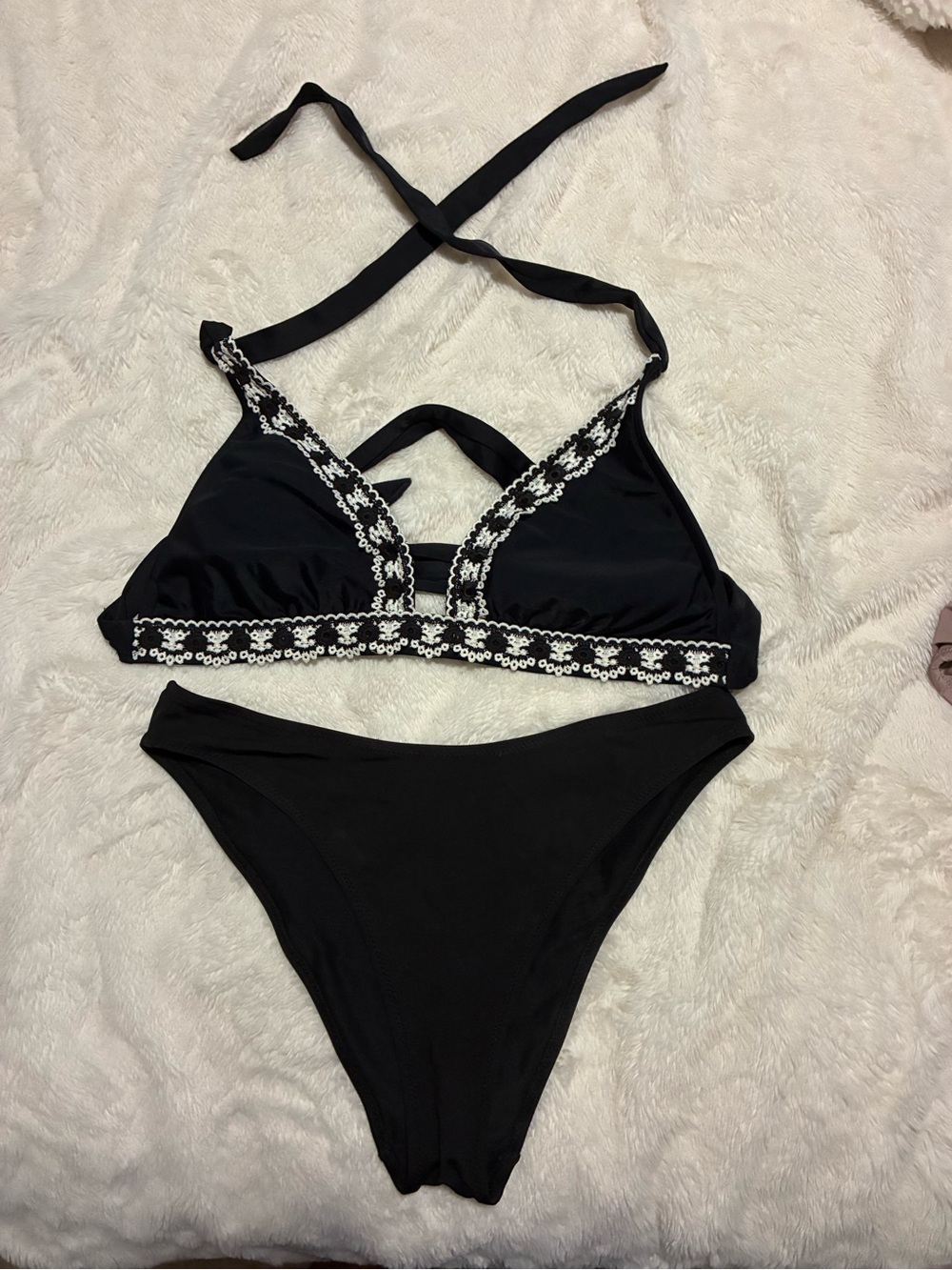 Black Bikini Set with White Crochet Trim